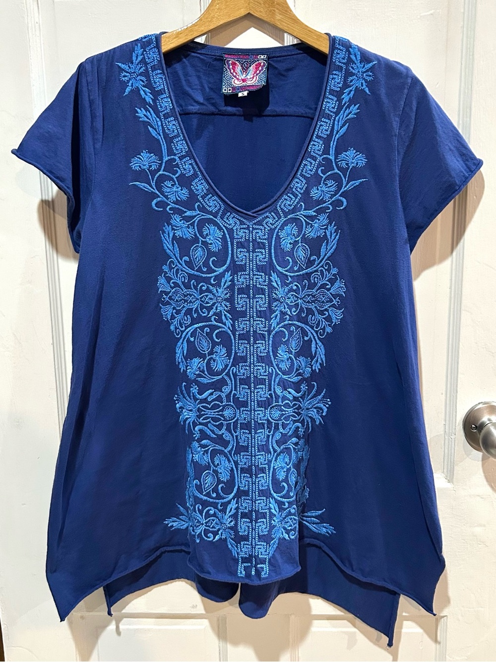Johnny Was Blue Embroidered Boho Tunic Summer Casual Hippie California Size S